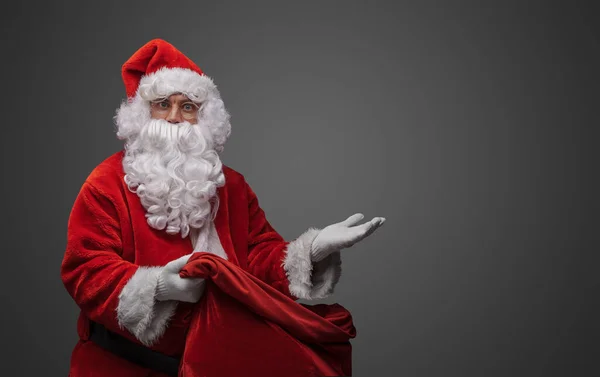 Shot Bearded Santa Huge Bag Red Costume Posing His Hand — Stock Photo, Image