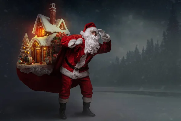 Arte Babbo Natale Capodanno Vestito Costume Rosso Borsa Trasporto Con — Foto Stock