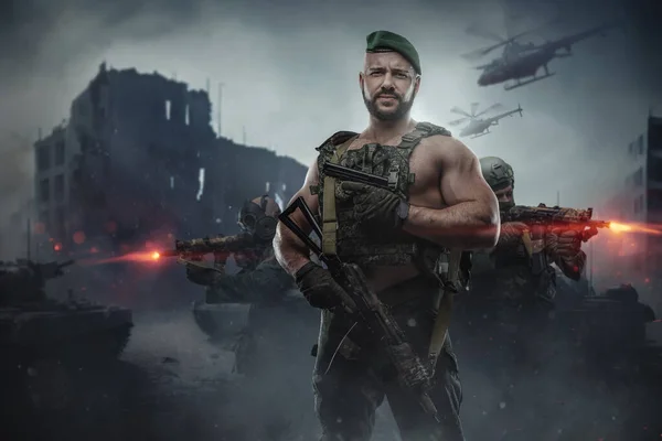 Art of modern soldier with vest and muscular build holding rifle in battlefield in city.