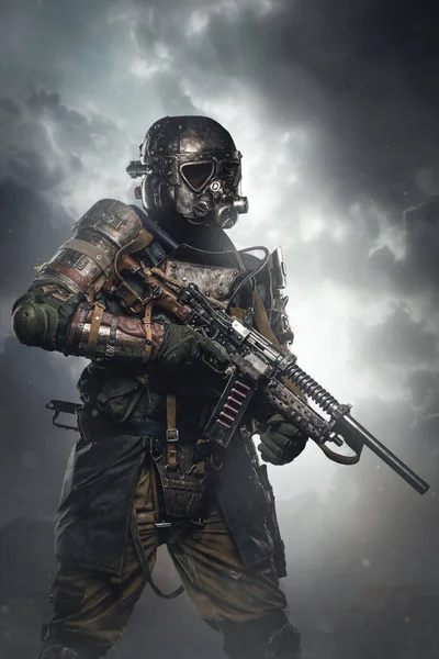 Studio Shot Military Man Dressed Armored Suit Shotgun Grey Background — Stock Photo, Image