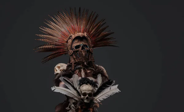 Shot Scary Aztec Necromancer Holding Staff Skull Grey Background — Stock Photo, Image