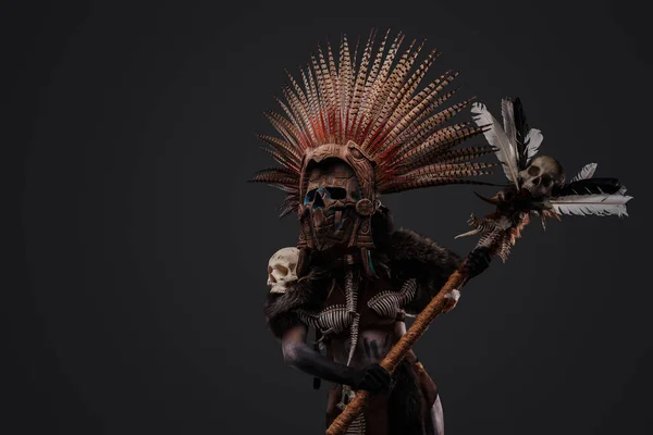 Korkunç Aztek Büyücüsünün Gri Arka Planda Kafataslarını Tuttuğu Çekim — Stok fotoğraf