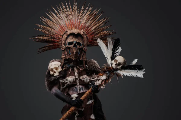 Foto Der Aztekischen Hexe Aus Der Vergangenheit Mit Gefiederter Kopfbedeckung — Stockfoto