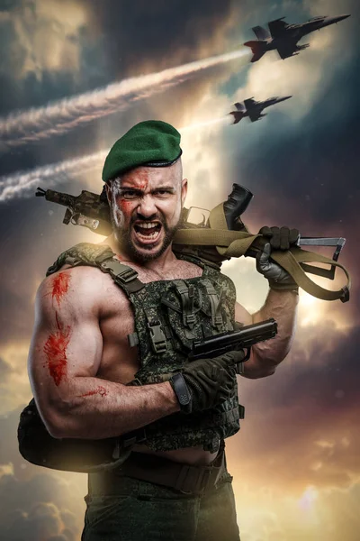 Art of military man with muscular build and rifle in sky with military aircraft.