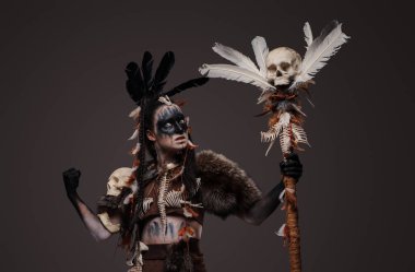 Gri arka planda kürk ve değnekle boyanmış kara cadı..