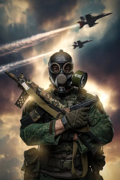 Artwork Russian Armed Forces Soldier Dressed Uniform Gas Mask Sky — Stock Photo, Image
