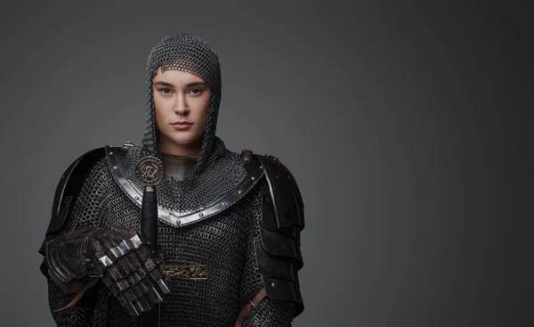 Studio Shot Antique Knight Woman Dressed Chainmail Armor — Stock Photo, Image