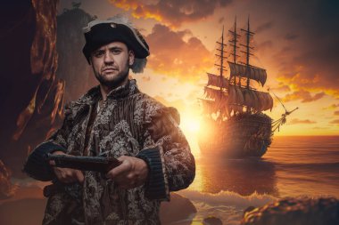 Art of stylish corsair with cocked hat and flintlock pistol on island.