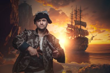 Art of stylish corsair with cocked hat and flintlock pistol on island.