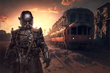 Portrait of military man in setting of post apocalypse in destroyed city around train.
