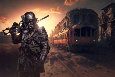Portrait of military man in setting of post apocalypse in destroyed city around train.