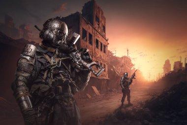 Portrait of two soldiers survived after atomic war in ruins of destroyed city.