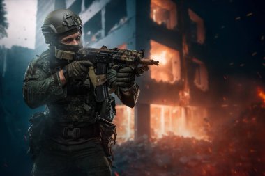 Art of warfare in destroyed city and soldier dressed in camouflage uniform holding rifle.