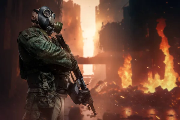 Art Soldier Camouflage Uniform City Burning Buildings — Stock Photo, Image