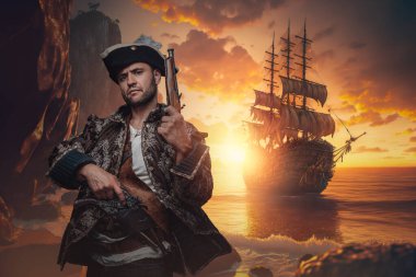 Art of stylish corsair with cocked hat and flintlock pistol on island.