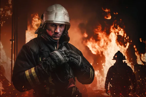 Portrait Crew Two Firemen Putting Out Fire Rescuing People Burning — Stockfoto