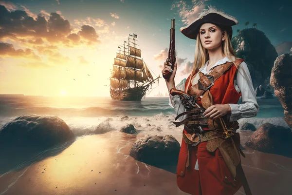Shot Pirate Woman Dressed Costume Coast Tropical Island — Stock Photo, Image