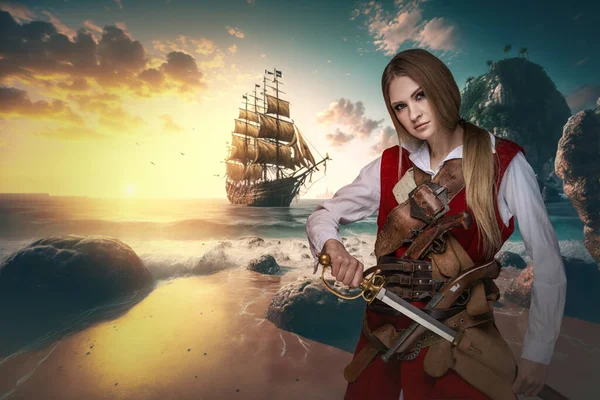 Shot Pirate Woman Dressed Costume Coast Tropical Island —  Fotos de Stock