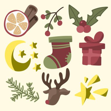 Simple cartoon art of collection of various christmas stuff against light background.