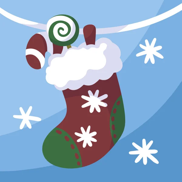 Simple cartoon art of christmas sock hanging on rope against light background with snowflakes.