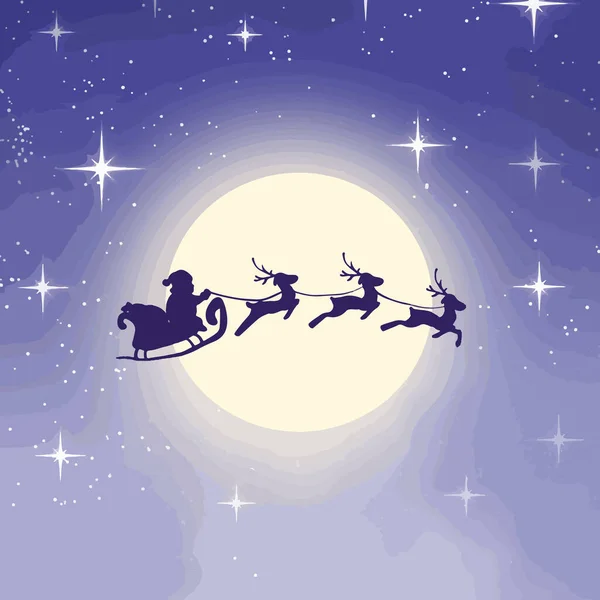 Cartoon Xmas Card Santa Riding Sled Reindeers Background Moon — Stok fotoğraf