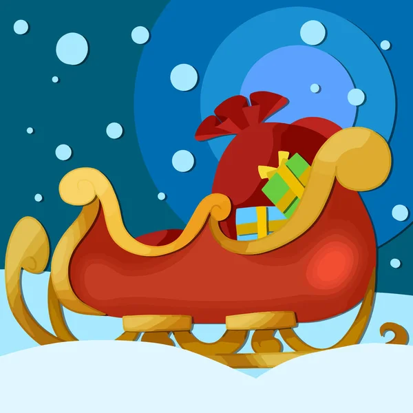 Cartoon Art Xmas Carriage Santa Stuffed Gifts Red Bag Night — Fotografia de Stock