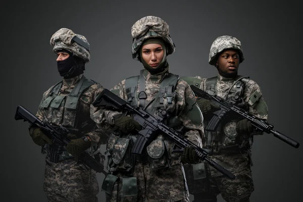Brave Female Soldiers Two Comrades Looking Camera Isolated Grey —  Fotos de Stock