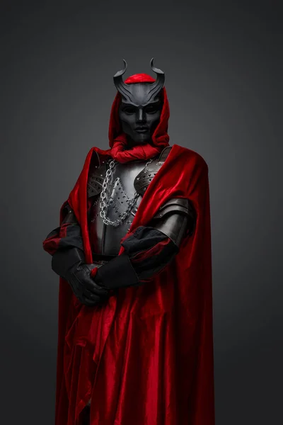 Portrait Dark Knight Red Robe Black Mask Isolated Gray Background — Stock Photo, Image