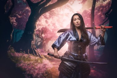 Pretty samurai woman with two katanas dressed in kimono in blooming forest with sakura.