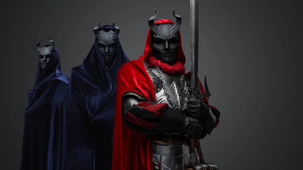 Portrait Mysterious Cultists Dressed Robes Hood Black Horned Masks — Photo
