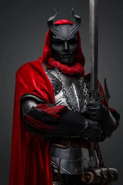 Portrait Knight Member Mystic Cult Mask Holding Sword — Photo