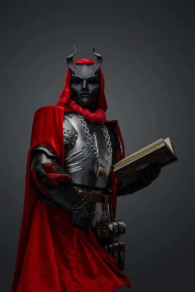 Studio Shot Creepy Dark Cultist Dressed Red Robe Holding Book — Stock Photo, Image