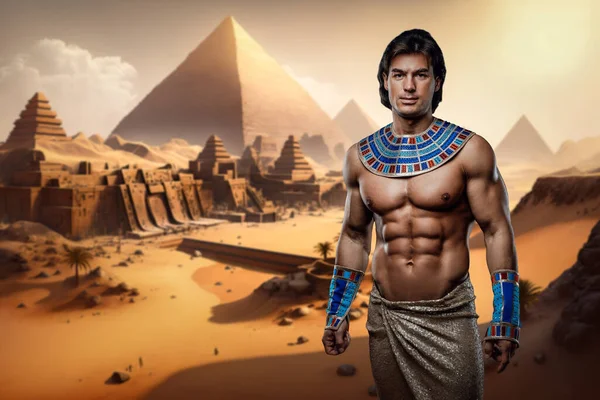 Портрет Античного Египтянина Обнаженным Туловищем Пустыне Пирамидами — стоковое фото