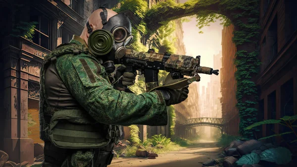 Portrait Serviceman Dressed Camouflage Uniform Gas Mask Holding Rifle — Stockfoto