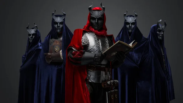 Portrait Dark Cult Members Dressed Robes Leader Holding Book — Photo
