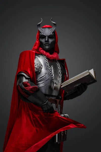 Studio Shot Creepy Dark Cultist Dressed Red Robe Holding Book — Stock Photo, Image