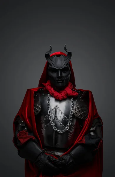 Portrait Dark Member Mysterious Cult Dressed Red Robe Black Mask — Stock Photo, Image