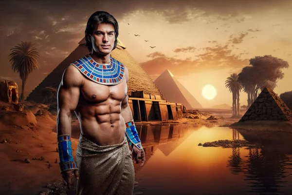 Πορτρέτο Του Αρχαίου Αιγυπτιακού Άνδρα Γυμνό Κορμό Στην Έρημο Πυραμίδες — Φωτογραφία Αρχείου