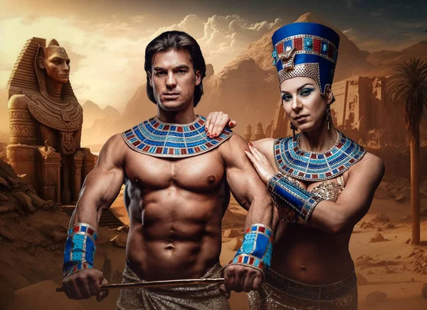 Portrait Egyptian Man Naked Torso Holding Whip Glamor Pharaoh Woman — Stock Photo, Image