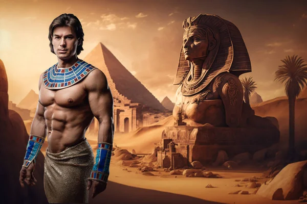 Portrait of antique egyptian man with naked torso in desert with pyramids.