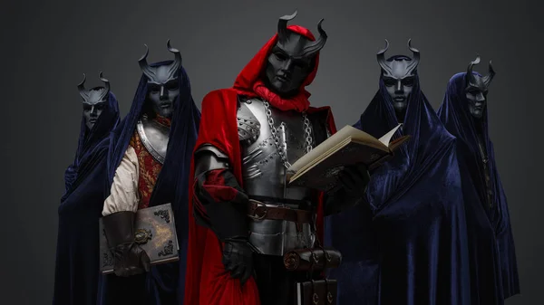 Portrait Dark Cult Members Dressed Robes Leader Holding Book — ストック写真