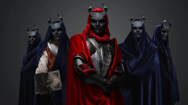 Studio Shot Five Members Occult Brotherhood Gray Background —  Fotos de Stock
