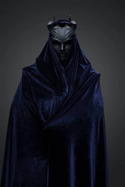 Studio Shot Dark Cultist Dressed Black Mask Dark Cloak — Stock Photo, Image
