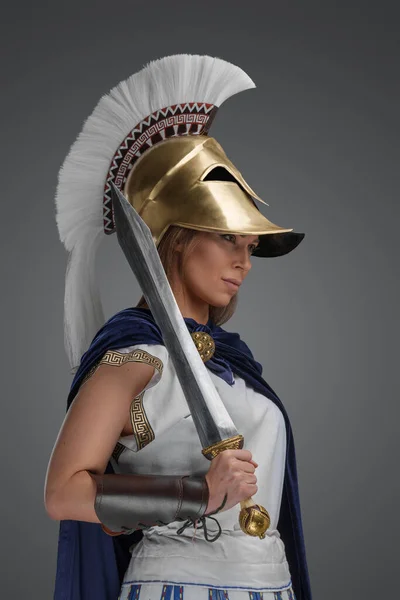Studio Shot Ancient Greek General Dressed Armor Holding Gladius — Stock Photo, Image
