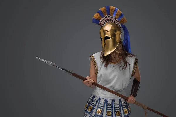 Shot Violent Ancient Female Warrior Spear Grey Background — Stock Photo, Image