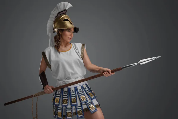 Shot Antique Greek Fighter Woman Golden Helmet Spear — Fotografia de Stock
