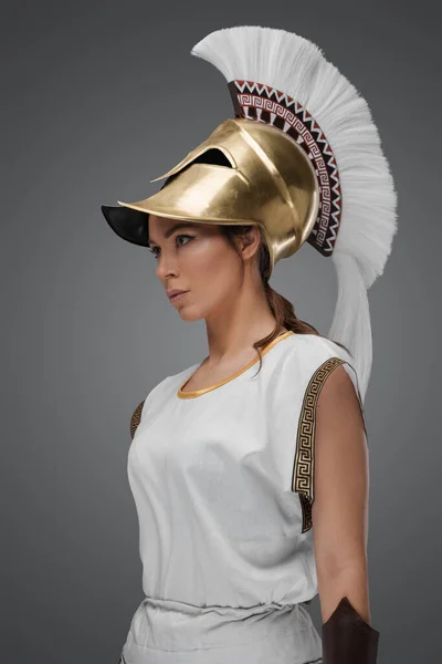 Portrait Greek Soldier Woman Dressed Ancient Armor Grey Background — Stock Photo, Image