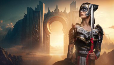 Portrait of tattooed viking woman with painted face holding spear.