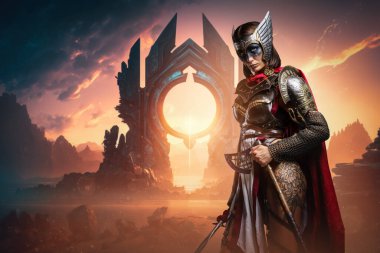 Art of furious female viking with make up dressed in red cloak and steel armor.