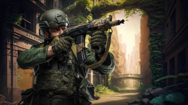 Art of military soldier dressed in uniform armed with rifle in futuristic destroyed town.